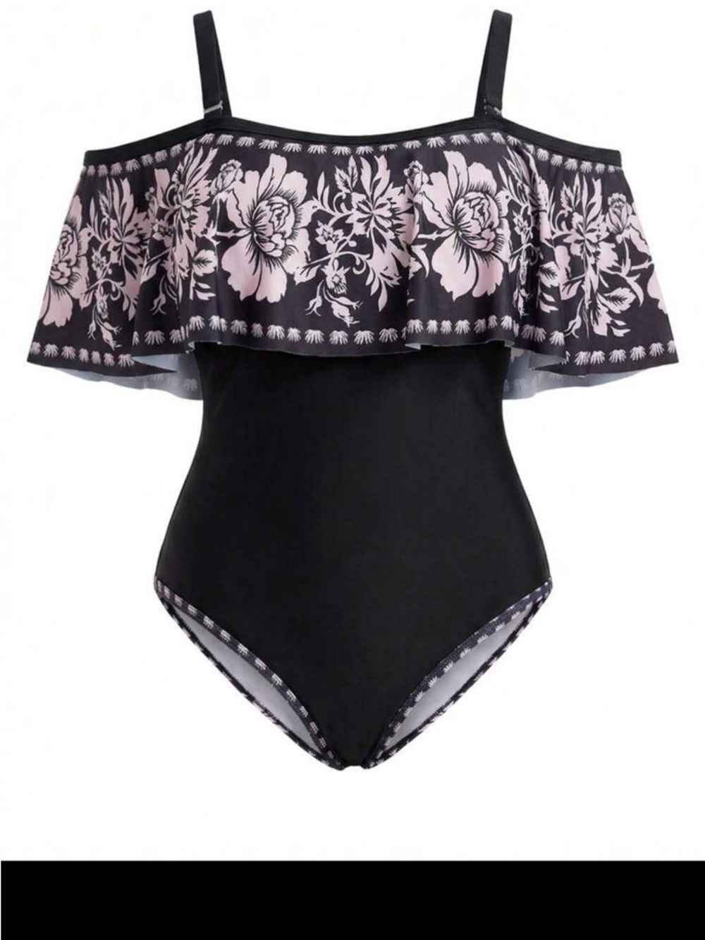 Women’s Black One-Piece Swimsuit with Pink Floral Ruffle